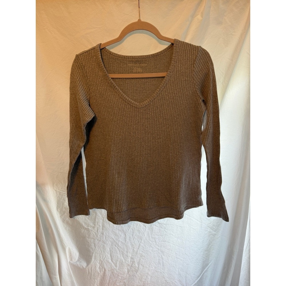 American Eagle Womens XS Taupe Brown Ribbed Knit V-Neck Long Sleeve Shirt‎ Top